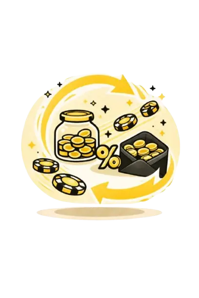 Keltaisista nuolista muodostuva ympyr&auml;, jonka sis&auml;ll&auml; pelimerkkej&auml;, prosenttimerkki, kolikkopurkki ja kirjekuoressa olevia kolikoita