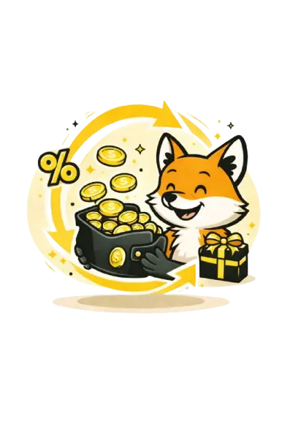 Kettu, jonka edess&auml; on s&auml;kki kolikoita, lahjapaketti ja prosenttimerkki