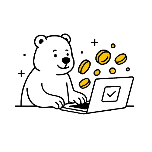 Karhu tekee tietokoneella talletusta Euteller kasinolle, ja ilmassa lentelee kolikoita