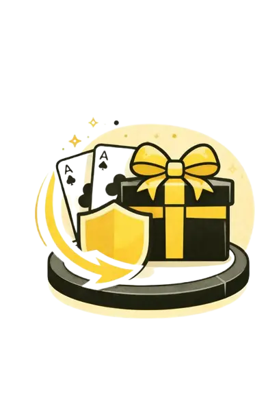 P&ouml;yt&auml;, jolla on lahjapaketti, keltainen kilpi ja kaksi pelikorttia. N&auml;iden takaa tulee vasemmalta keltainen nuoli.