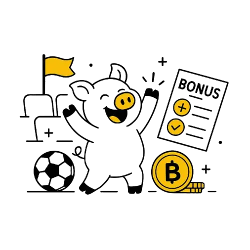 Urheiluvedonly&ouml;nti ja possu tuulettaa, kun on saanut bonuksen. Kuvassa lis&auml;ksi symboleita kuten jalkapallo, vedonly&ouml;ntikuponki ja bitcoin.