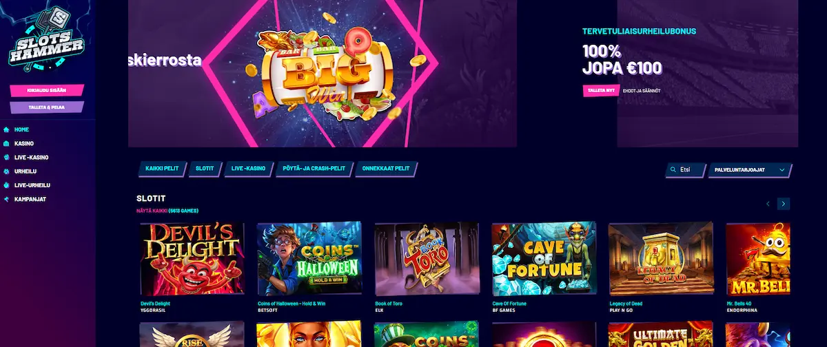 Slotshammer Casinon peliaula, jossa tietoa tervetulobonuksesta, valikko ja parhaat kolikkopelit