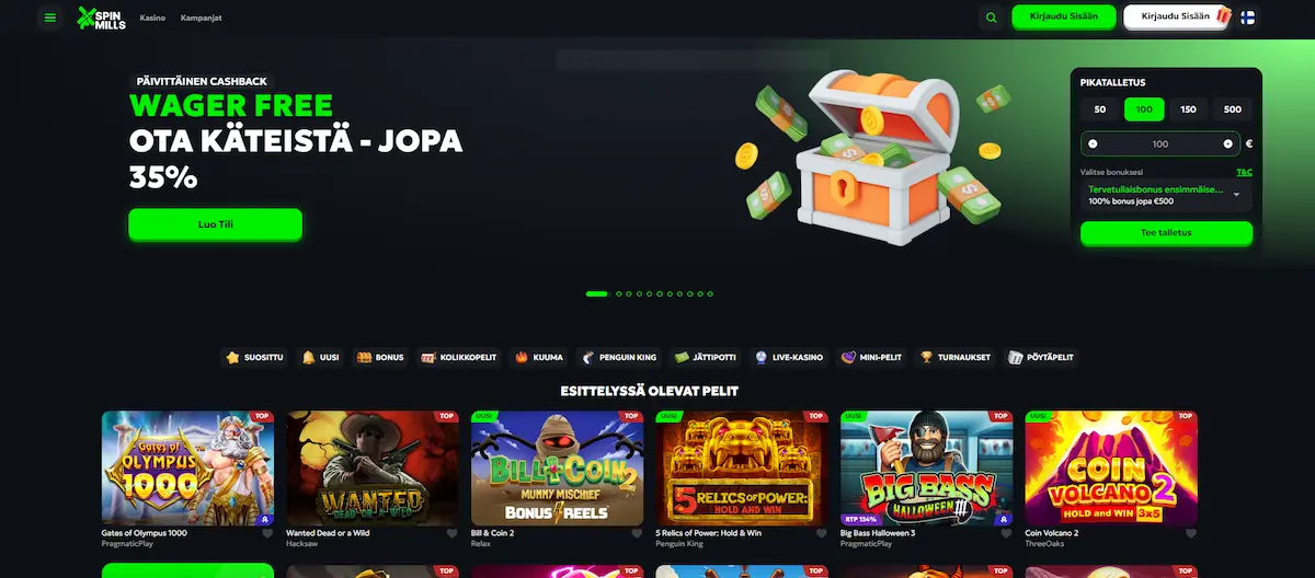 SpinMills Casinon peliaula, jossa tietoa bonuksesta, parhaat peit ja mahdollisuus talletukseen