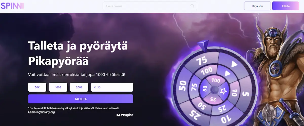 Spinni Casinon peliaula, jossa tietoa kasinon toiminnasta ja mahdollisuus talletukseen