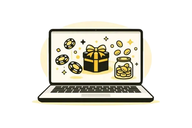 Tietokone, joka ruudulla pelimerkkej&auml;, lahjapaketti ja purkki, jossa kolikkoja